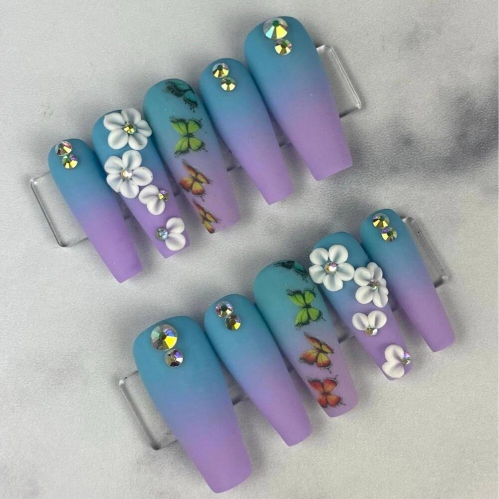 Purple blue ombré long coffin press on nails rhinestones acrylic flowers matte
